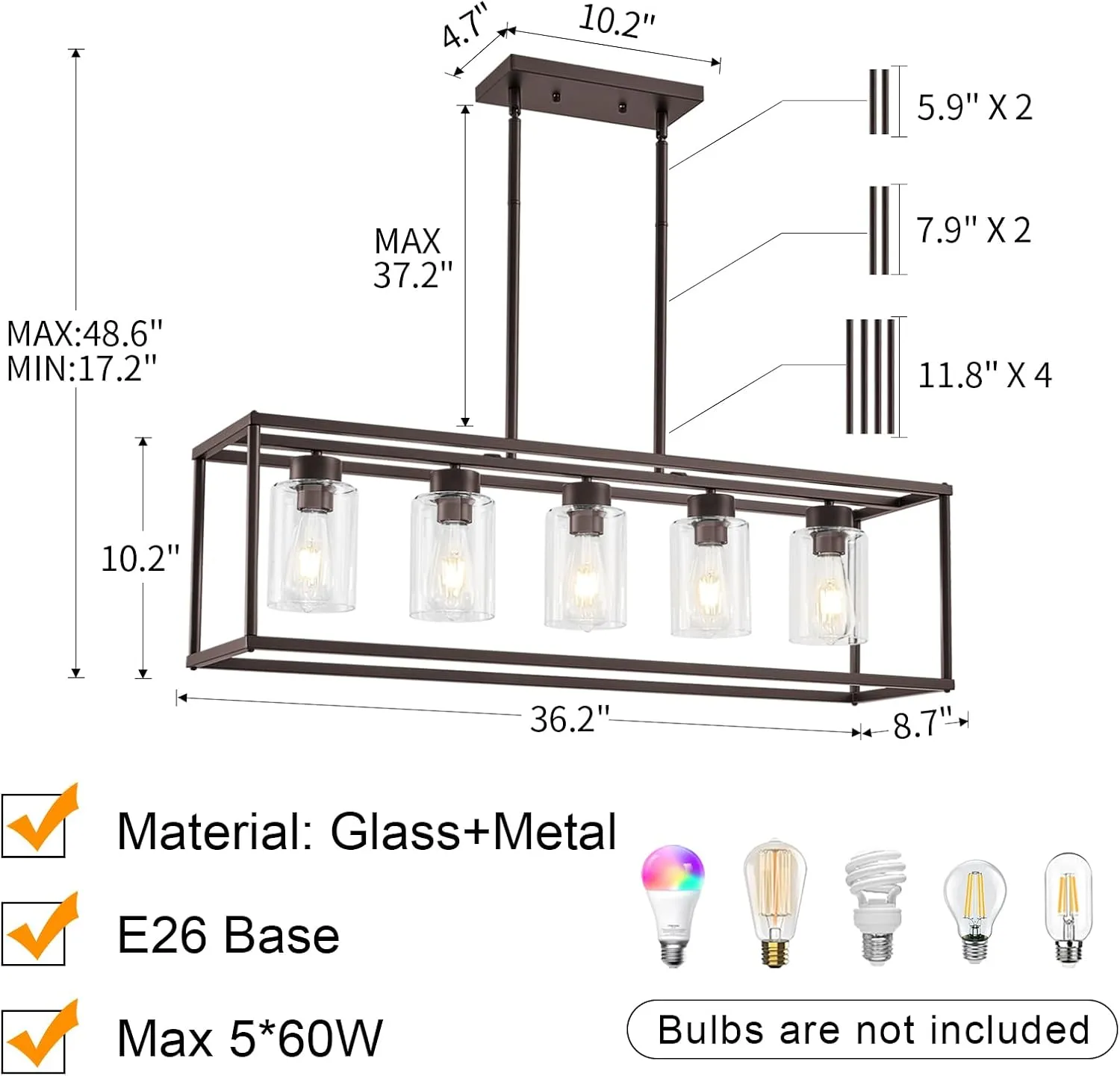 5 Light Oil Rubbed Bronze Dining Room Light Fixture Modern Farmhouse Chandelier Over Table Rectangle Kitchen Island Pendant Lighting Linear Chandelier Living Room Hanging Light Adjustable Height