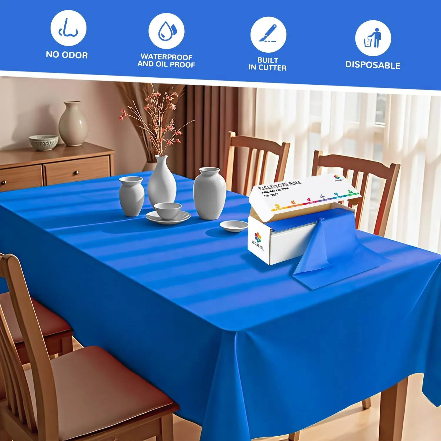 54 Inch X 200 Feet Plastic Table Cover Roll with Convenient Slide Cutter, Disposable Plastic Table Cloth Roll with Cut-to-Size Design for Weddings, Banquets, Parties (Blue)