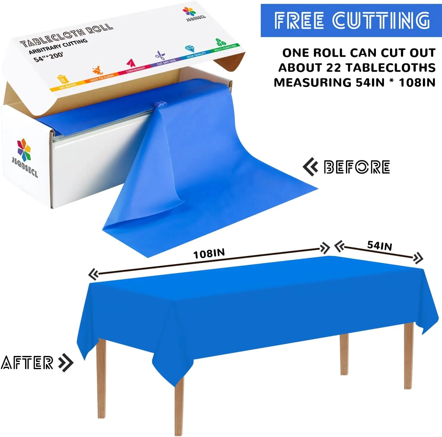54 Inch X 200 Feet Plastic Table Cover Roll with Convenient Slide Cutter, Disposable Plastic Table Cloth Roll with Cut-to-Size Design for Weddings, Banquets, Parties (Blue)