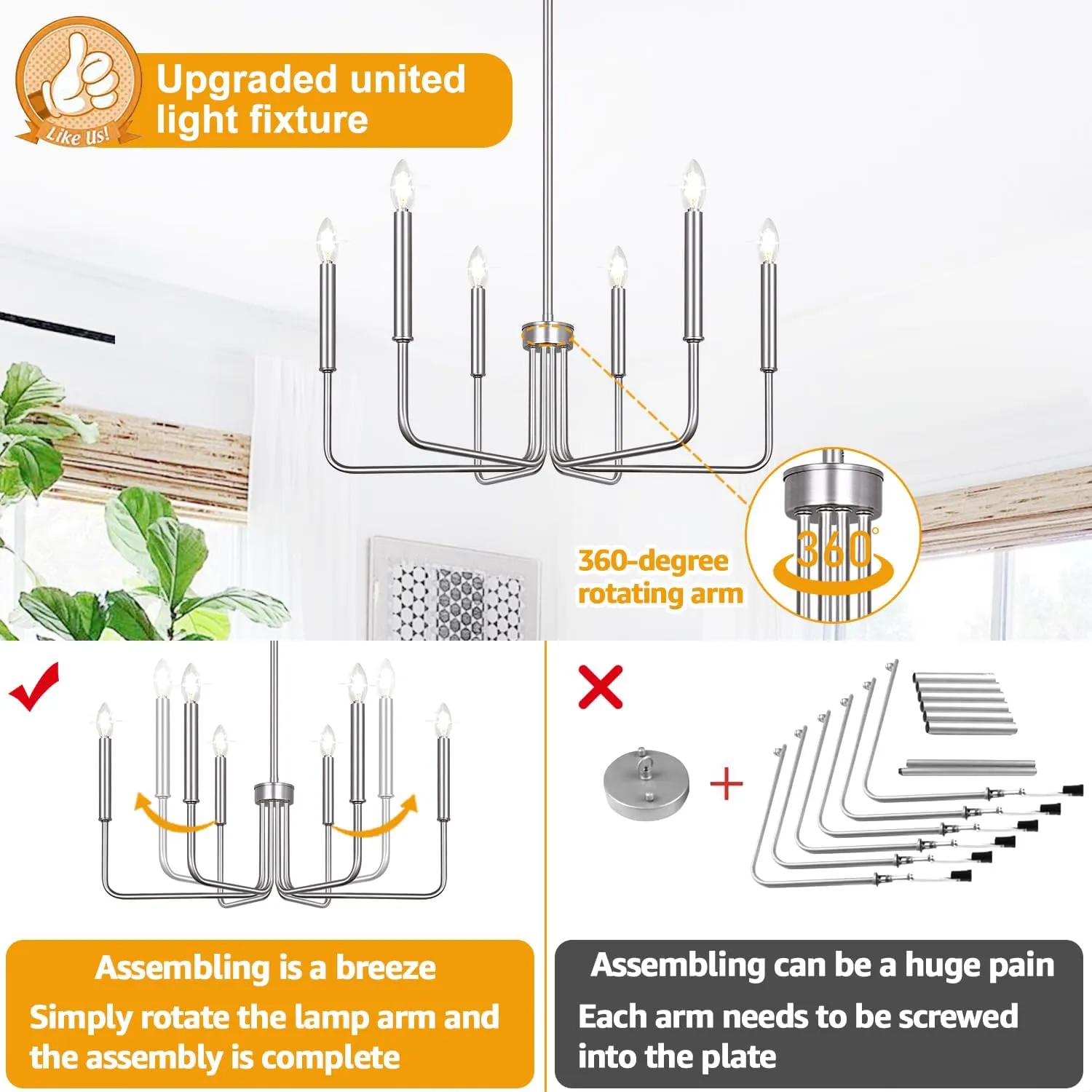 6-Light Farmhouse Chandelier for Dining Room Lighting Fixtures Hanging, Brushed Nickel Dining Light Fixtures Industrial Chandelier for Bedroom, Foyer, Hall, Kitchen, Living Room and Entryway