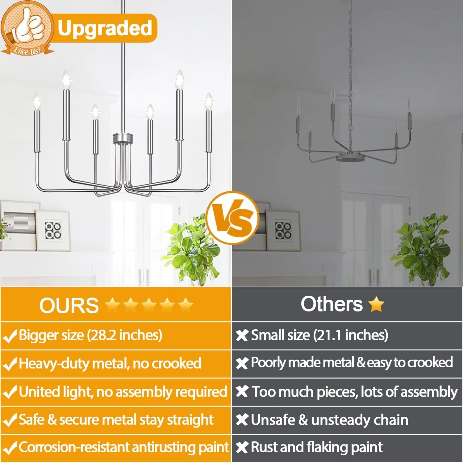 6-Light Farmhouse Chandelier for Dining Room Lighting Fixtures Hanging, Brushed Nickel Dining Light Fixtures Industrial Chandelier for Bedroom, Foyer, Hall, Kitchen, Living Room and Entryway