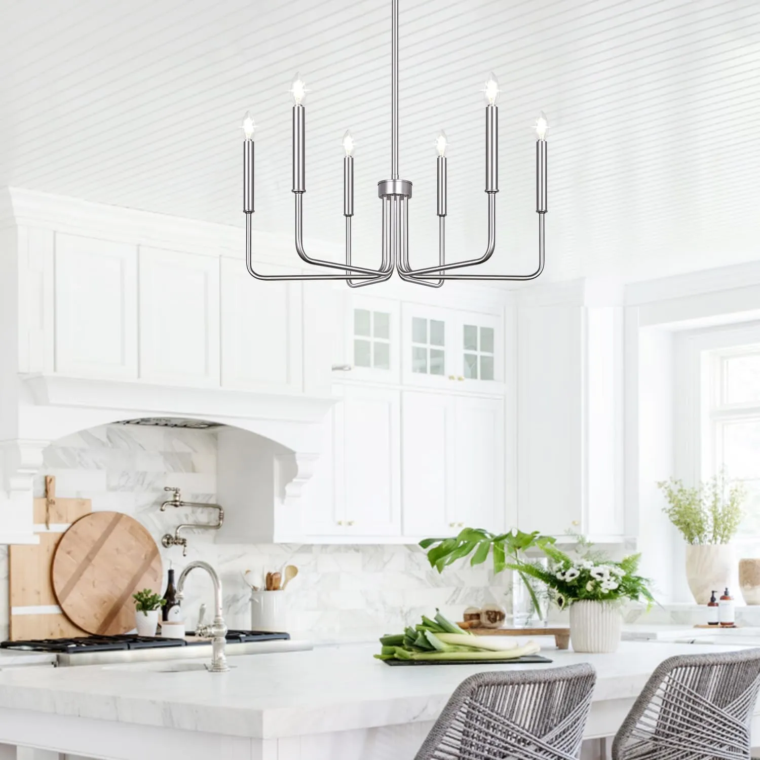 6-Light Farmhouse Chandelier for Dining Room Lighting Fixtures Hanging, Brushed Nickel Dining Light Fixtures Industrial Chandelier for Bedroom, Foyer, Hall, Kitchen, Living Room and Entryway