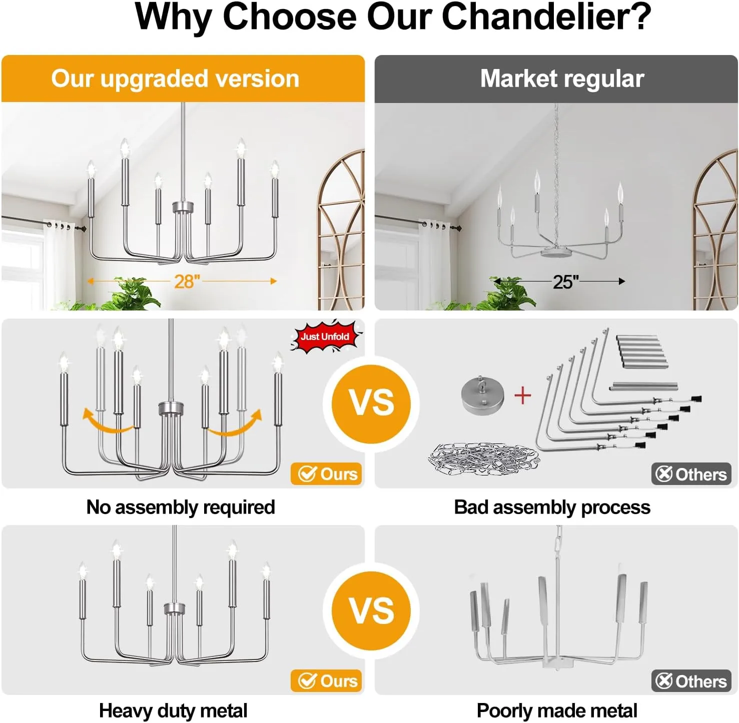 6-Light Farmhouse Chandelier for Dining Room Lighting Fixtures Hanging, Brushed Nickel Dining Light Fixtures Industrial Chandelier for Bedroom, Foyer, Hall, Kitchen, Living Room and Entryway