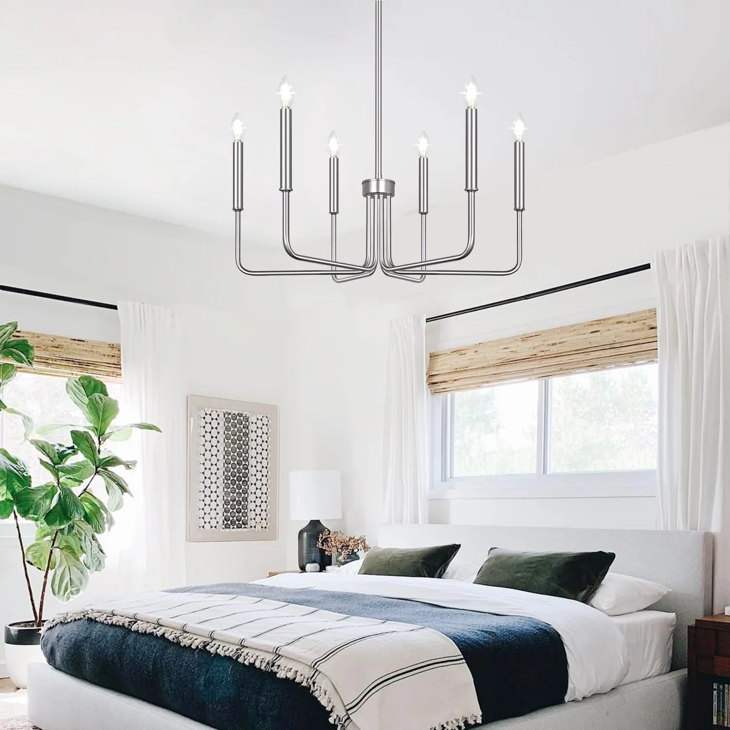 6-Light Farmhouse Chandelier for Dining Room Lighting Fixtures Hanging, Brushed Nickel Dining Light Fixtures Industrial Chandelier for Bedroom, Foyer, Hall, Kitchen, Living Room and Entryway