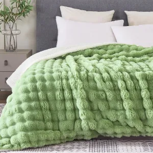 60x80 Inches Ultra-Soft Fuzzy Faux Fur Plush Twin Size Blanket - Thick, Warm Sherpa for Couch, Sofa, Bedroom, Camping - Decorative Blanket for Cozy Warmth, Bubble Light Green