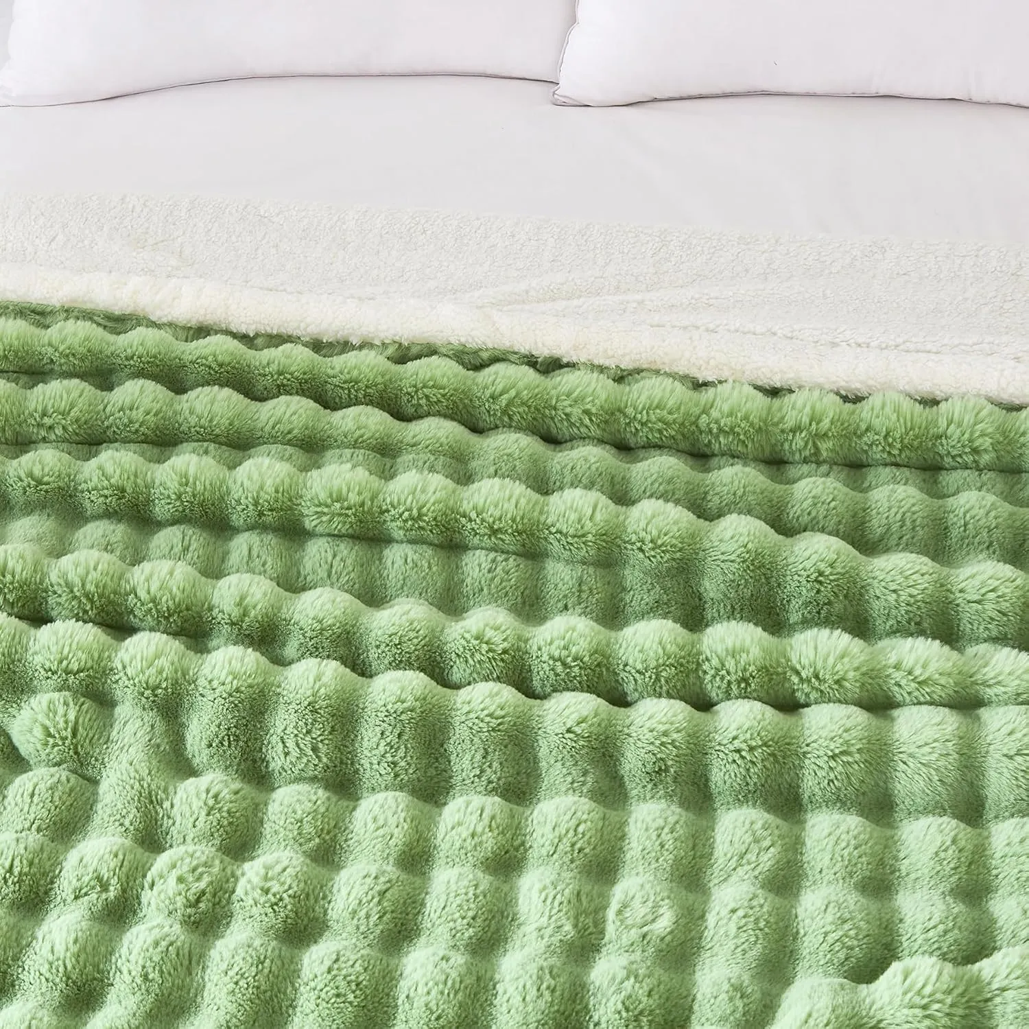 60x80 Inches Ultra-Soft Fuzzy Faux Fur Plush Twin Size Blanket - Thick, Warm Sherpa for Couch, Sofa, Bedroom, Camping - Decorative Blanket for Cozy Warmth, Bubble Light Green