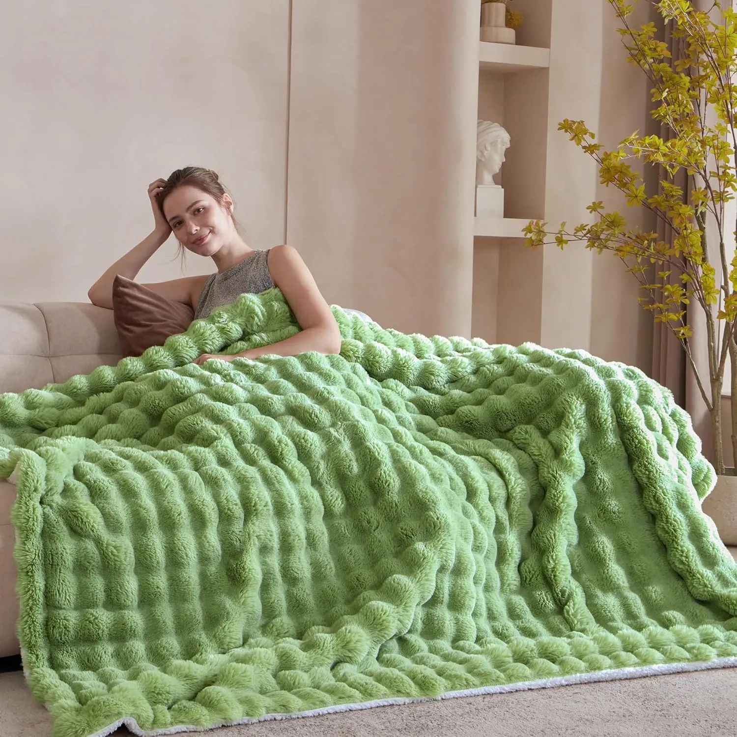 60x80 Inches Ultra-Soft Fuzzy Faux Fur Plush Twin Size Blanket - Thick, Warm Sherpa for Couch, Sofa, Bedroom, Camping - Decorative Blanket for Cozy Warmth, Bubble Light Green