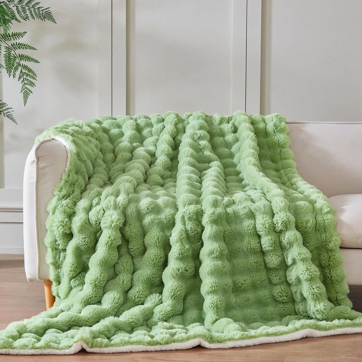 60x80 Inches Ultra-Soft Fuzzy Faux Fur Plush Twin Size Blanket - Thick, Warm Sherpa for Couch, Sofa, Bedroom, Camping - Decorative Blanket for Cozy Warmth, Bubble Light Green