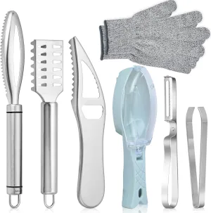 7 Pieces Fish Scaler Brush Remover with Gray Mitten, Stainless Steel Sawtooth Remover Removing Peeler Cleaning Tool Fish Shape Tweezers for Fish Scales Removing Peeling