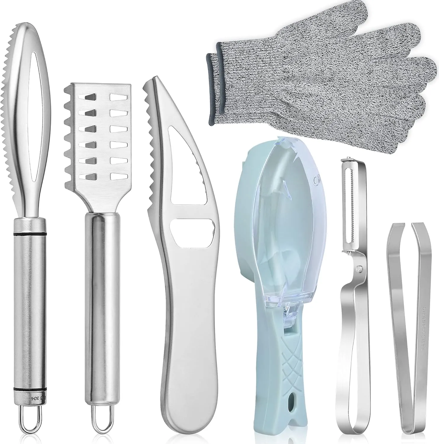 7 Pieces Fish Scaler Brush Remover with Gray Mitten, Stainless Steel Sawtooth Remover Removing Peeler Cleaning Tool Fish Shape Tweezers for Fish Scales Removing Peeling