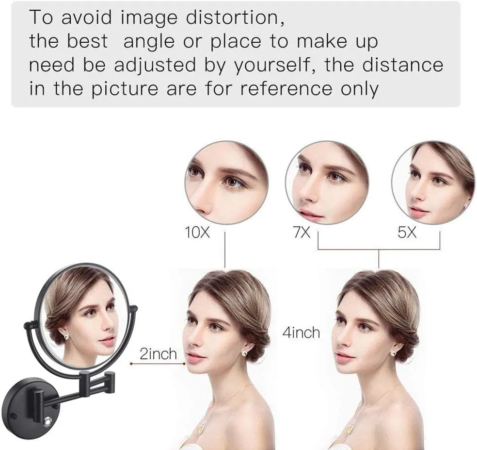 8-Inch Wall Mounted Makeup Mirror with Magnification, Two-Sided Extendable, 360 Degree Swivel, Extendable Arm, Round (Color : Matte Black, Size : 5X)