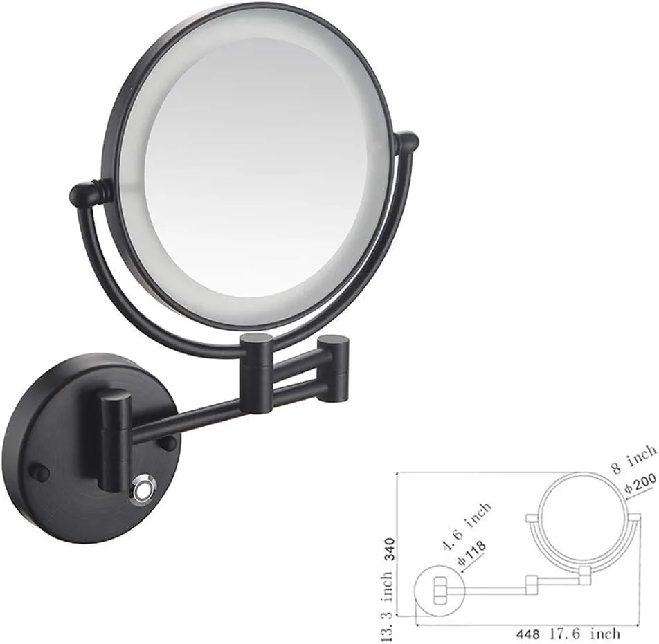 8-Inch Wall Mounted Makeup Mirror with Magnification, Two-Sided Extendable, 360 Degree Swivel, Extendable Arm, Round (Color : Matte Black, Size : 5X)