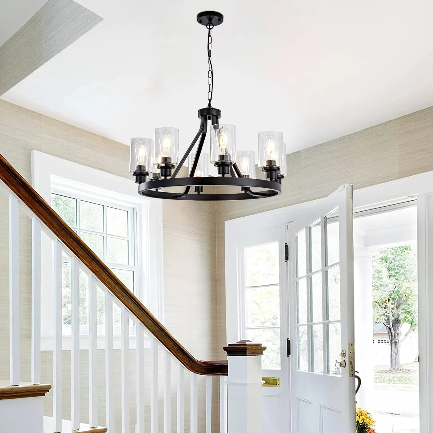 8-Light Black Dining Room Light Fixtures Farmhouse Wagon Wheel Chandelier Kitchen Island Pendant Lights Modern Industrial Rustic Adjustable Height Metal E26