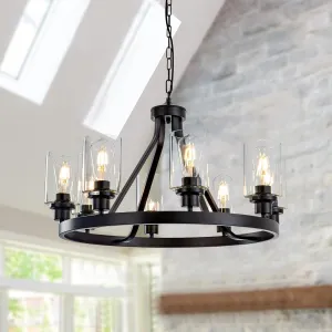 8-Light Black Dining Room Light Fixtures Farmhouse Wagon Wheel Chandelier Kitchen Island Pendant Lights Modern Industrial Rustic Adjustable Height Metal E26