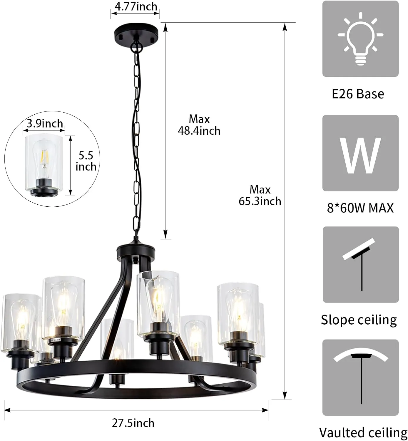 8-Light Black Dining Room Light Fixtures Farmhouse Wagon Wheel Chandelier Kitchen Island Pendant Lights Modern Industrial Rustic Adjustable Height Metal E26