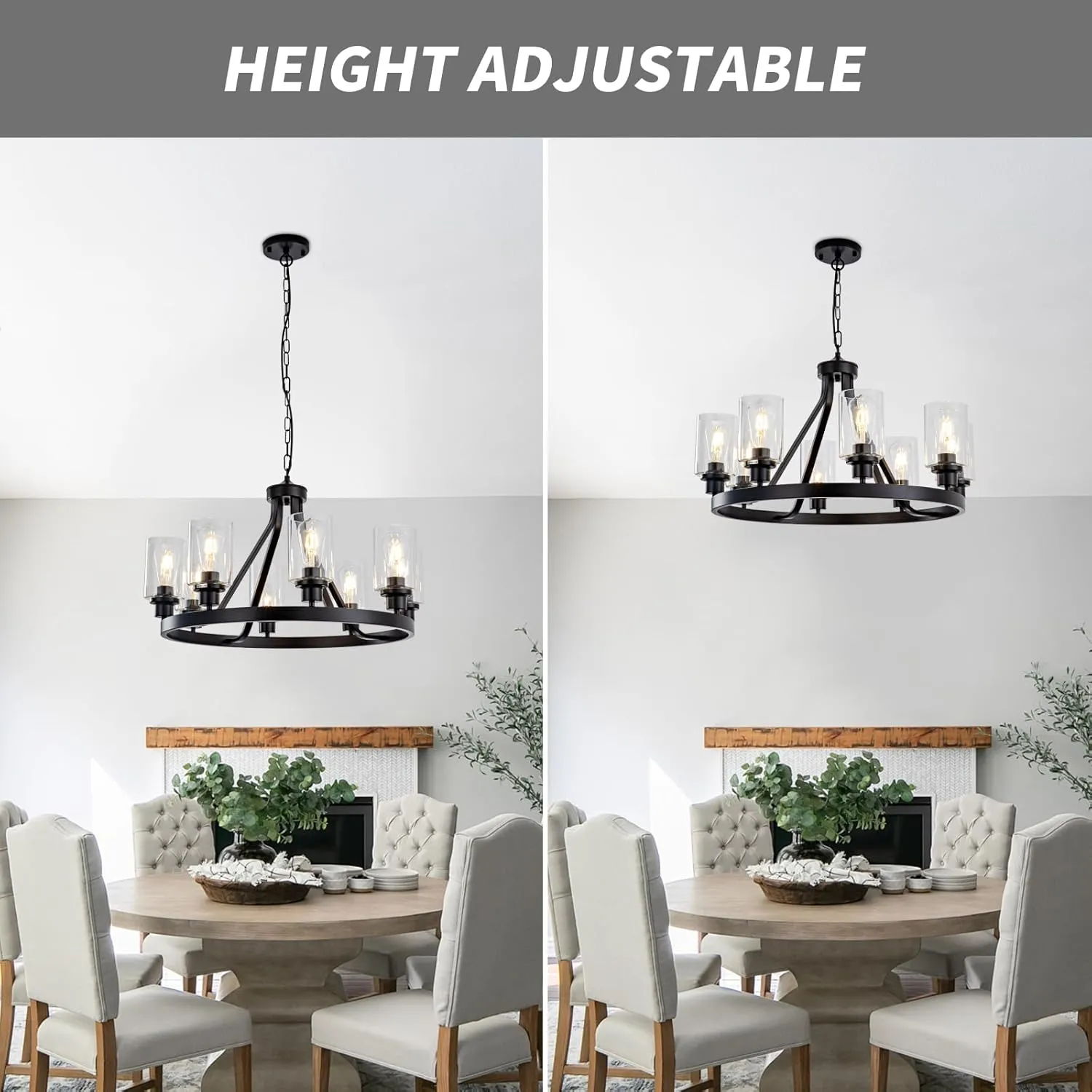 8-Light Black Dining Room Light Fixtures Farmhouse Wagon Wheel Chandelier Kitchen Island Pendant Lights Modern Industrial Rustic Adjustable Height Metal E26