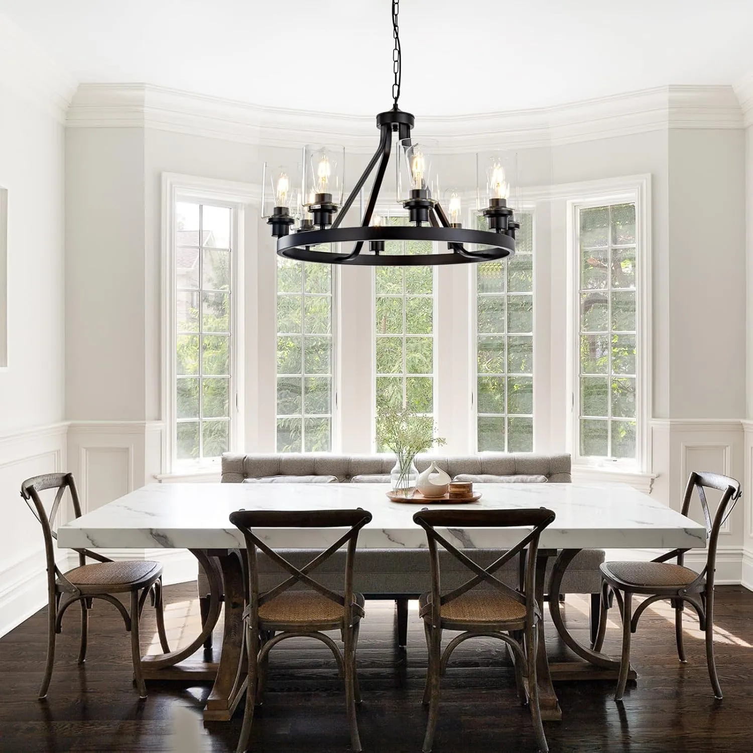 8-Light Black Dining Room Light Fixtures Farmhouse Wagon Wheel Chandelier Kitchen Island Pendant Lights Modern Industrial Rustic Adjustable Height Metal E26