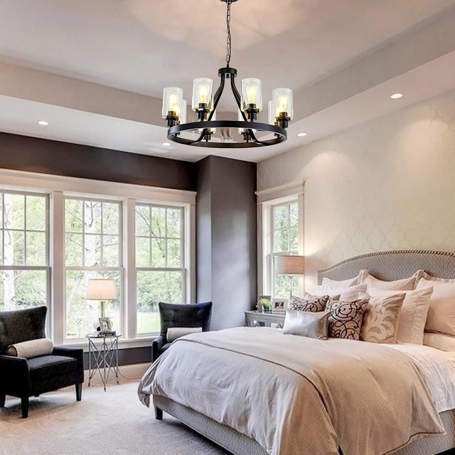 8-Light Black Dining Room Light Fixtures Farmhouse Wagon Wheel Chandelier Kitchen Island Pendant Lights Modern Industrial Rustic Adjustable Height Metal E26