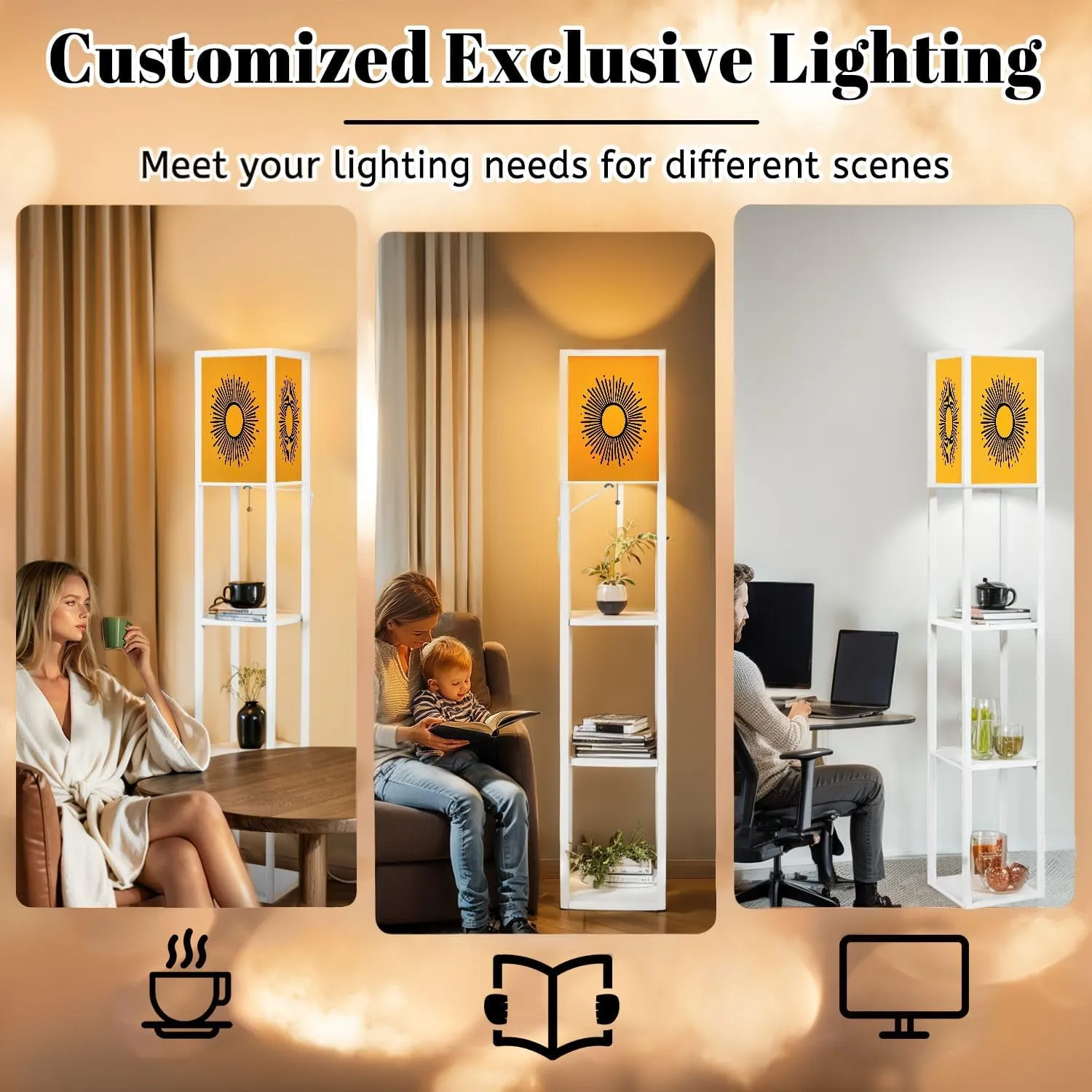 Abstract Flat Sunburst Yellow Collection Floor Lamps with Shelves, Modern Standing Lamp Narrow Corner Display Bookshelf Lamp for Living Room, Bedroom, Office Decor
