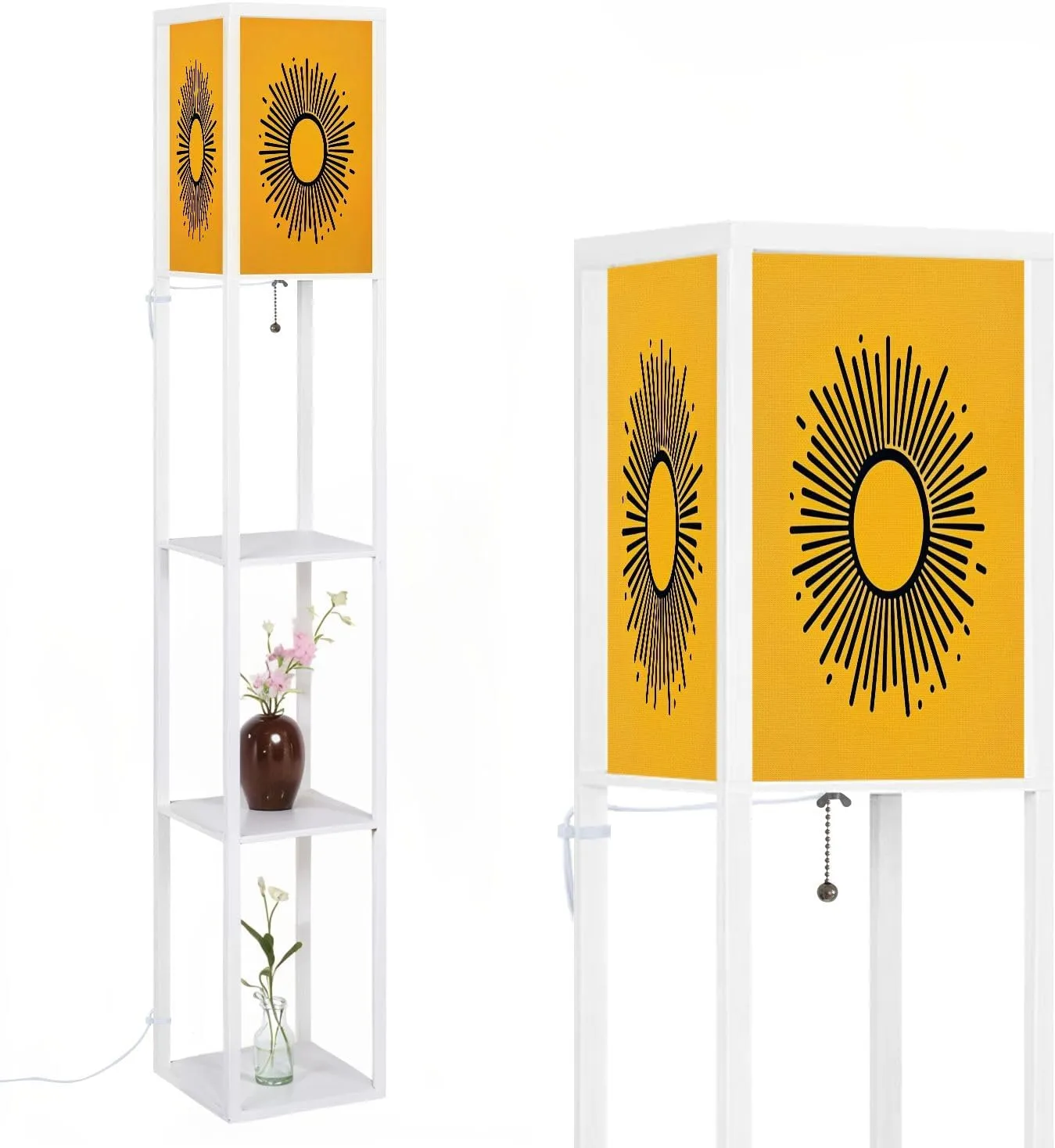 Abstract Flat Sunburst Yellow Collection Floor Lamps with Shelves, Modern Standing Lamp Narrow Corner Display Bookshelf Lamp for Living Room, Bedroom, Office Decor