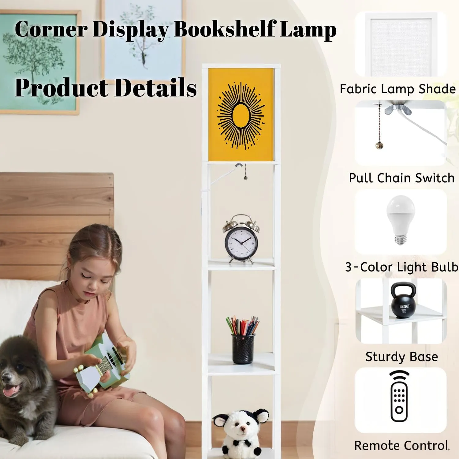 Abstract Flat Sunburst Yellow Collection Floor Lamps with Shelves, Modern Standing Lamp Narrow Corner Display Bookshelf Lamp for Living Room, Bedroom, Office Decor