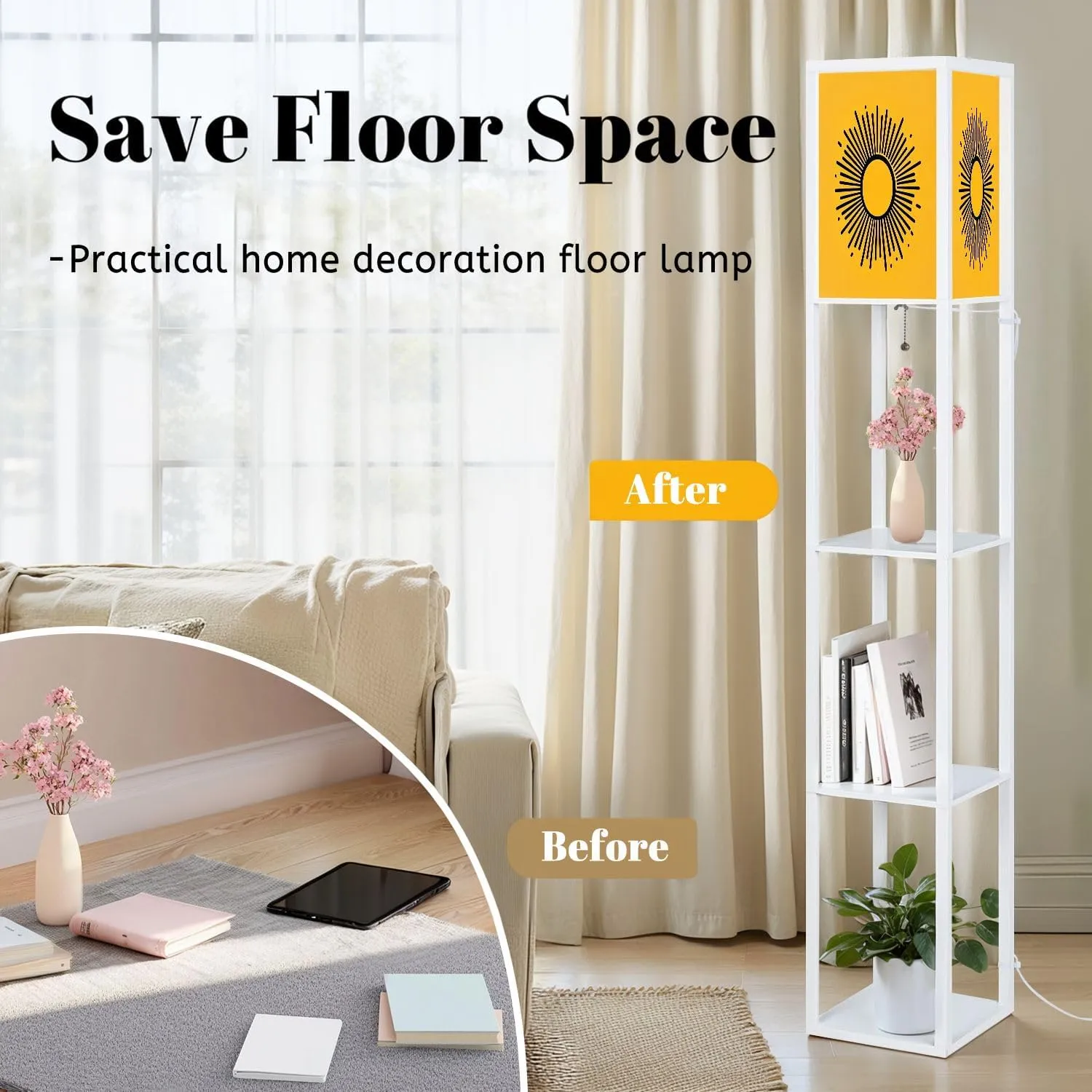 Abstract Flat Sunburst Yellow Collection Floor Lamps with Shelves, Modern Standing Lamp Narrow Corner Display Bookshelf Lamp for Living Room, Bedroom, Office Decor