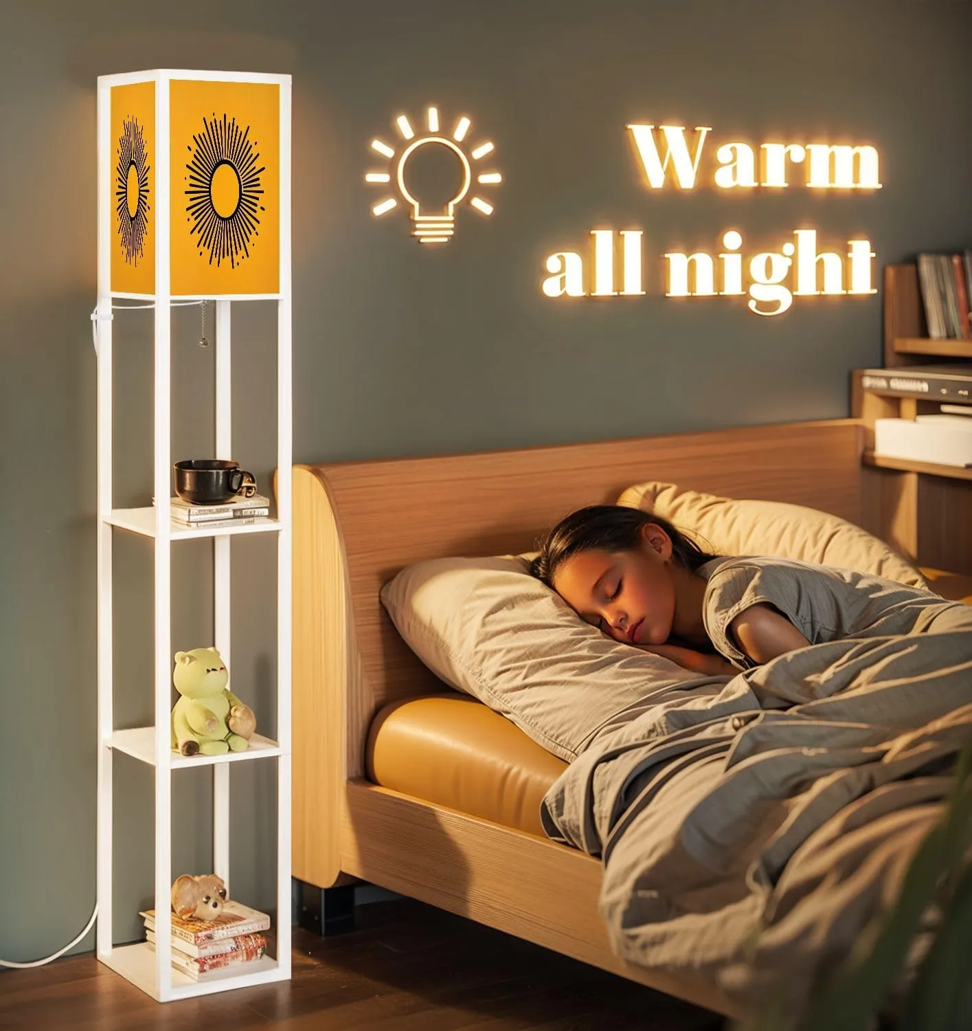 Abstract Flat Sunburst Yellow Collection Floor Lamps with Shelves, Modern Standing Lamp Narrow Corner Display Bookshelf Lamp for Living Room, Bedroom, Office Decor