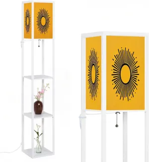 Abstract Flat Sunburst Yellow Collection Floor Lamps with Shelves, Modern Standing Lamp Narrow Corner Display Bookshelf Lamp for Living Room, Bedroom, Office Decor