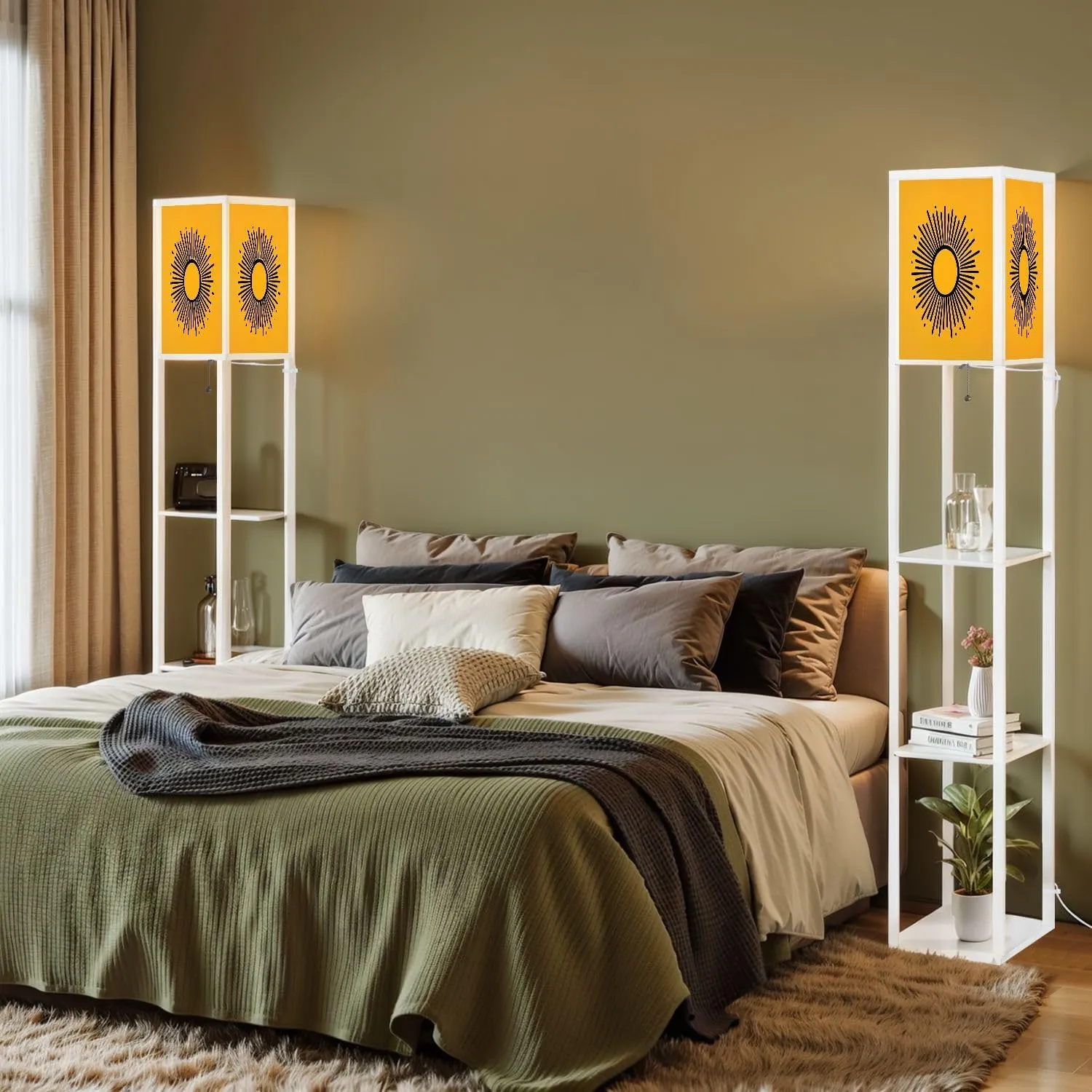 Abstract Flat Sunburst Yellow Collection Floor Lamps with Shelves, Modern Standing Lamp Narrow Corner Display Bookshelf Lamp for Living Room, Bedroom, Office Decor