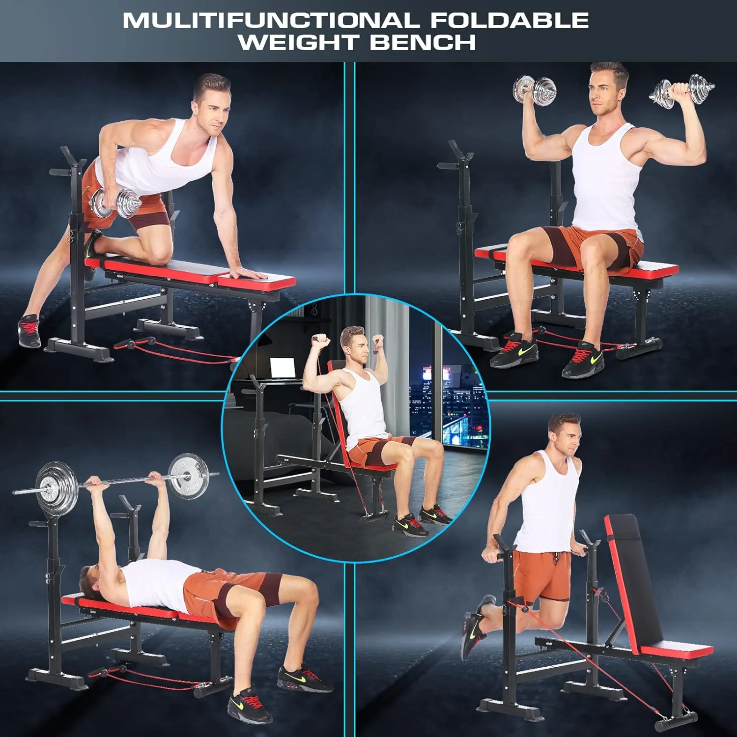 Aceshin 6 in 1 Adjustable Weight Bench with Squat Rack and Removable Foot Bracket, 600lbs Bench Press Set Workout Bench with Weight Storage Sit up Incline Flat Decline Strength Training for Home Gym