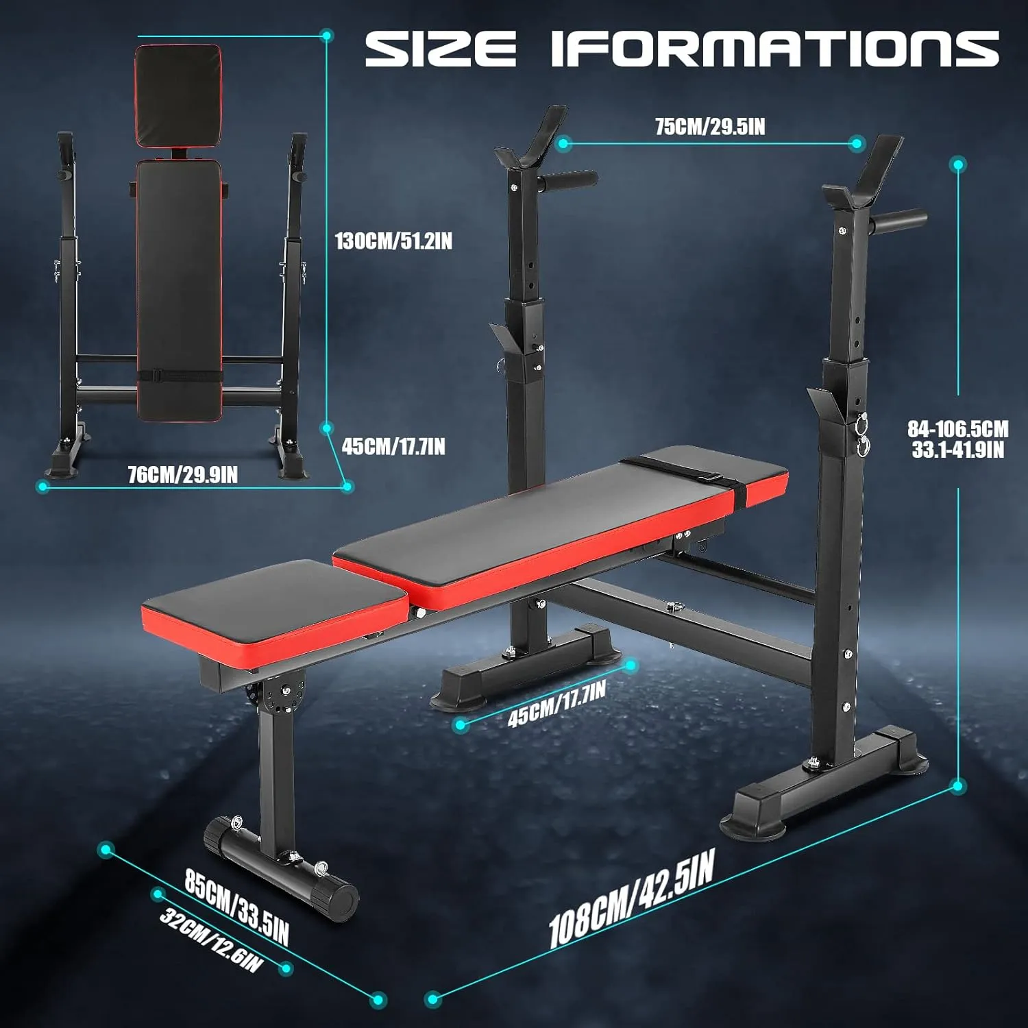 Aceshin 6 in 1 Adjustable Weight Bench with Squat Rack and Removable Foot Bracket, 600lbs Bench Press Set Workout Bench with Weight Storage Sit up Incline Flat Decline Strength Training for Home Gym