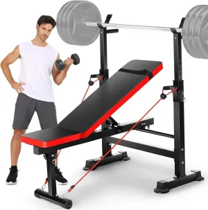Aceshin 6 in 1 Adjustable Weight Bench with Squat Rack and Removable Foot Bracket, 600lbs Bench Press Set Workout Bench with Weight Storage Sit up Incline Flat Decline Strength Training for Home Gym
