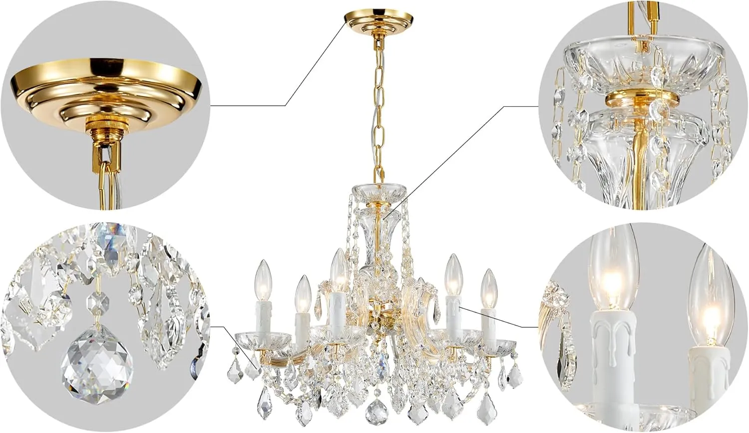 AGV LIGHTING Modern Chandelier Light Fixture, Crystal Pendant Raindrop Chandelier, Maria Theresa Brass Crystals Chandelier with 6-Lights, D20 X H18, Adjustable Chain Max 39"