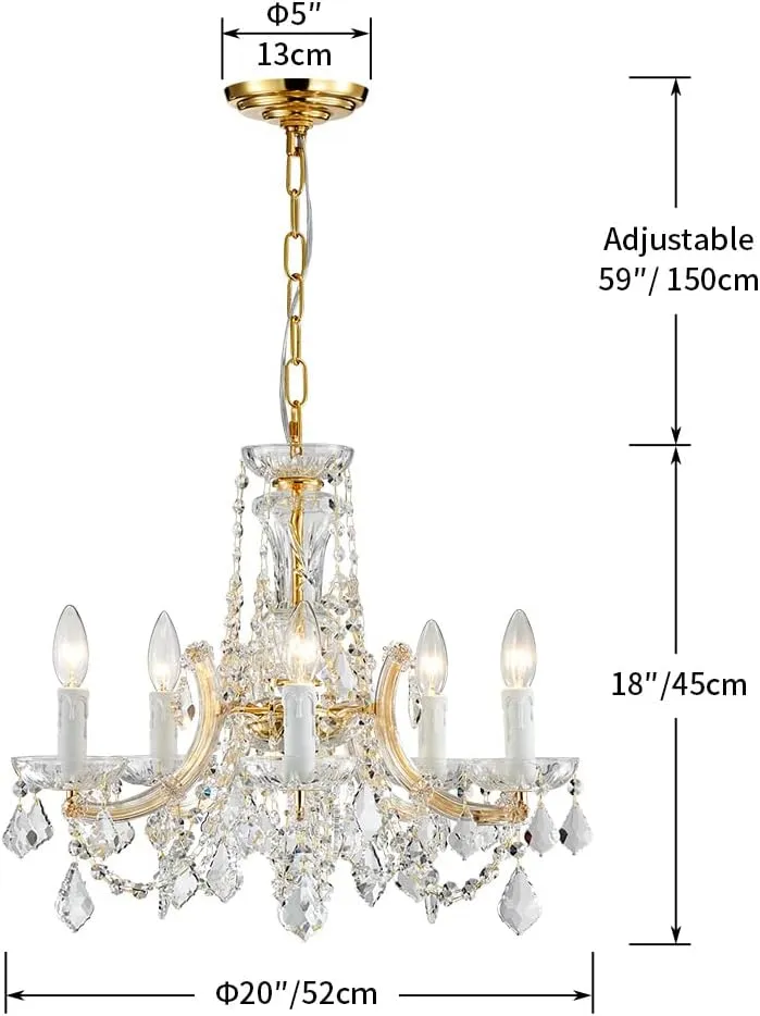 AGV LIGHTING Modern Chandelier Light Fixture, Crystal Pendant Raindrop Chandelier, Maria Theresa Brass Crystals Chandelier with 6-Lights, D20 X H18, Adjustable Chain Max 39"