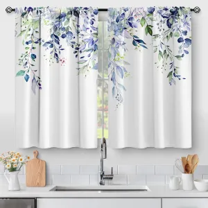 Aimego Floral Eucalyptus Kitchen Curtains - Spring Watercolor Plant Leaves with Floral Botanical Tier Cafe Curtains for Bathroom Living RV Rod Pocket Window Drapes 36 Inch 2 Panels Set 28"x36"