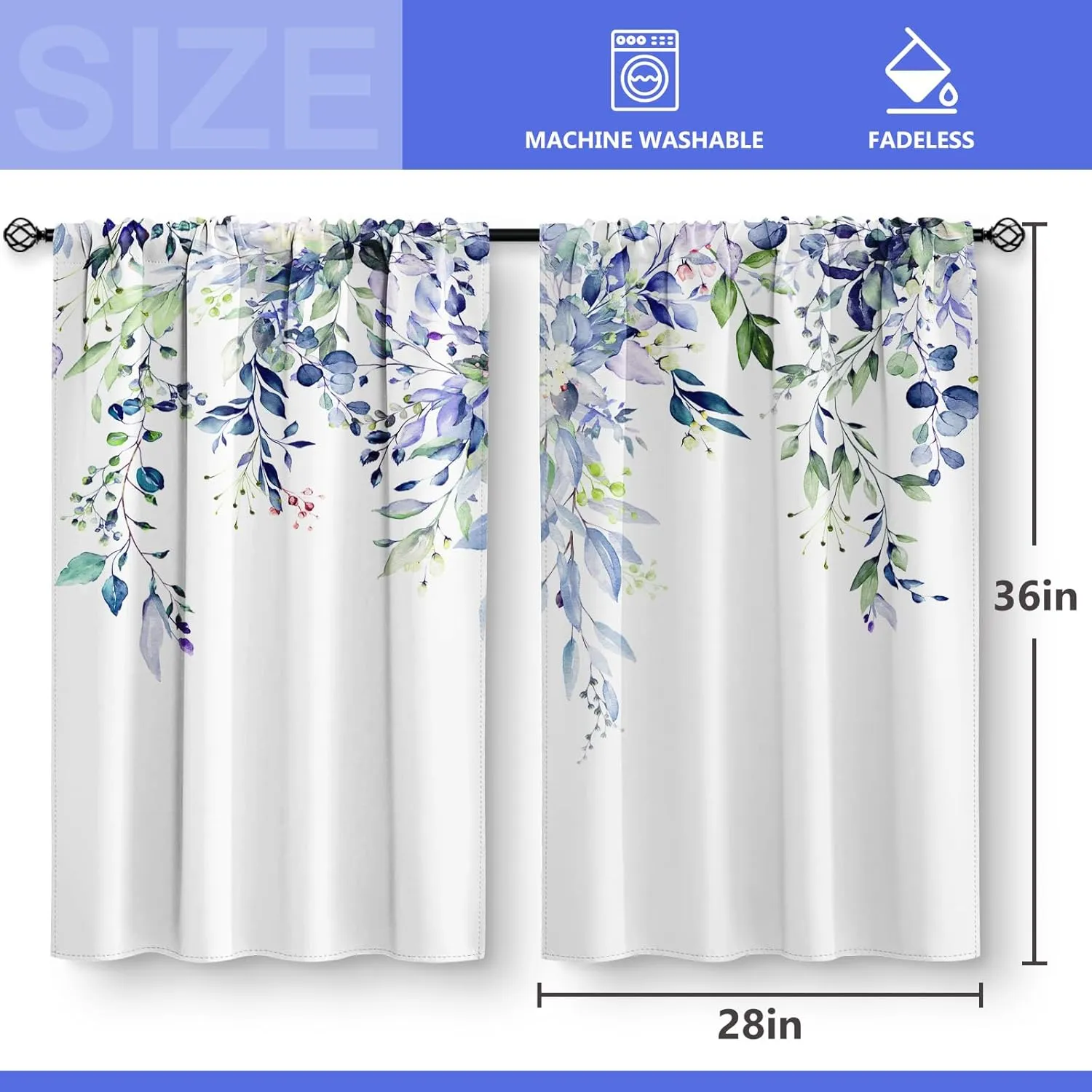 Aimego Floral Eucalyptus Kitchen Curtains - Spring Watercolor Plant Leaves with Floral Botanical Tier Cafe Curtains for Bathroom Living RV Rod Pocket Window Drapes 36 Inch 2 Panels Set 28"x36"