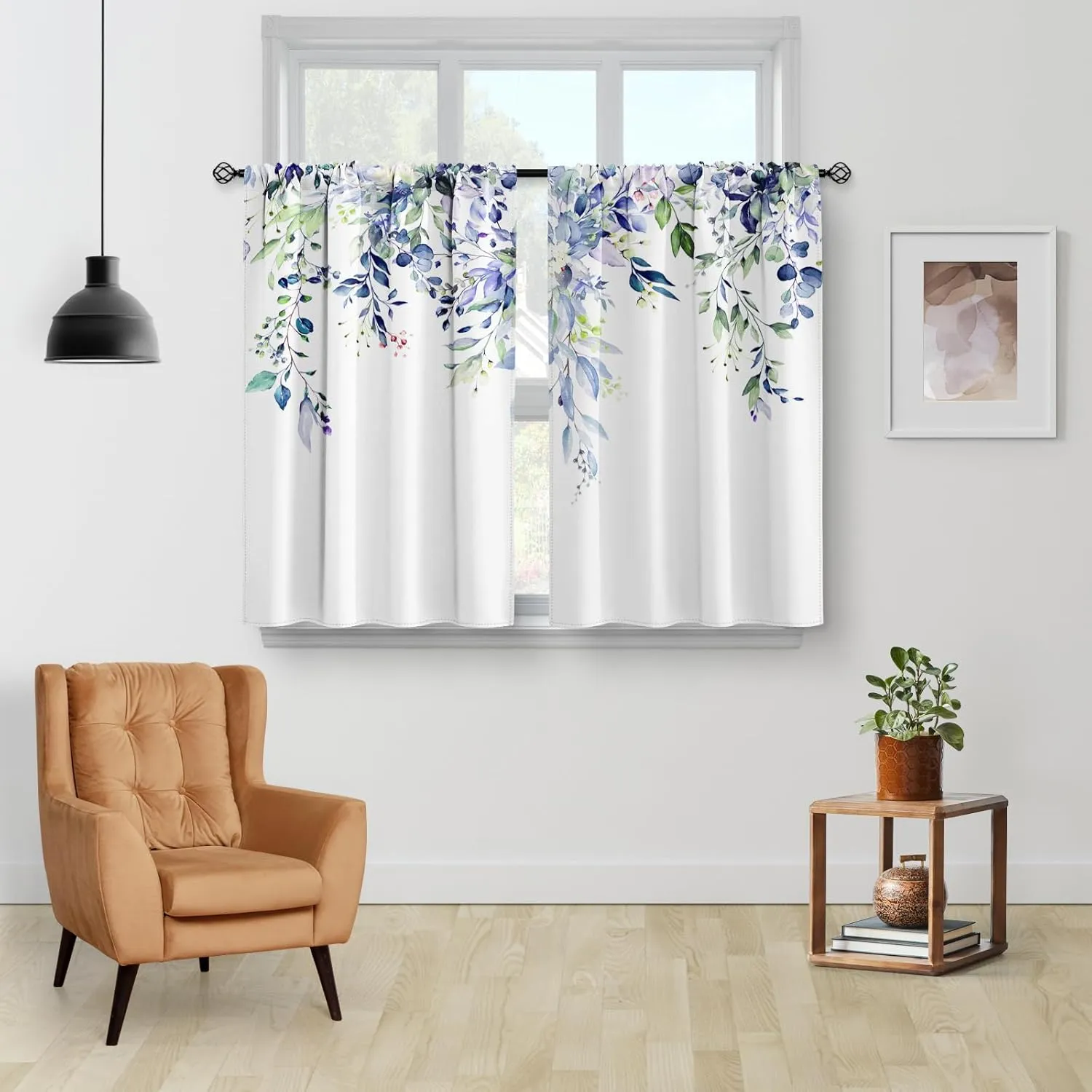 Aimego Floral Eucalyptus Kitchen Curtains - Spring Watercolor Plant Leaves with Floral Botanical Tier Cafe Curtains for Bathroom Living RV Rod Pocket Window Drapes 36 Inch 2 Panels Set 28"x36"