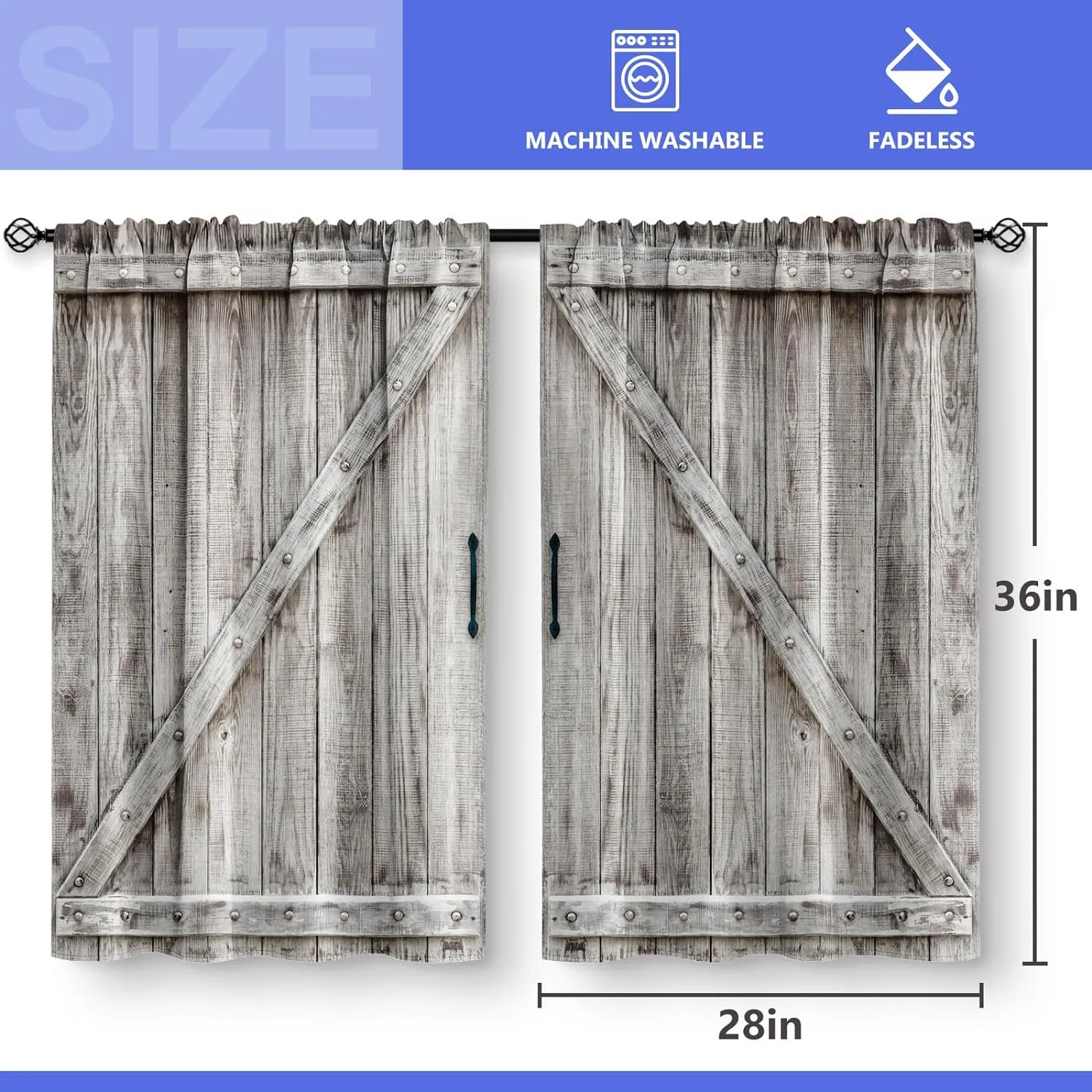 Aimego Wooden Barn Door Kitchen Curtains - Country Wood Farmhouse Rustic Farm Retro Western Cafe Short Tier Curtains Decor for Living Room Rod Pocket Window Drapes 36 Inch Length 2 Panels 28"x36"