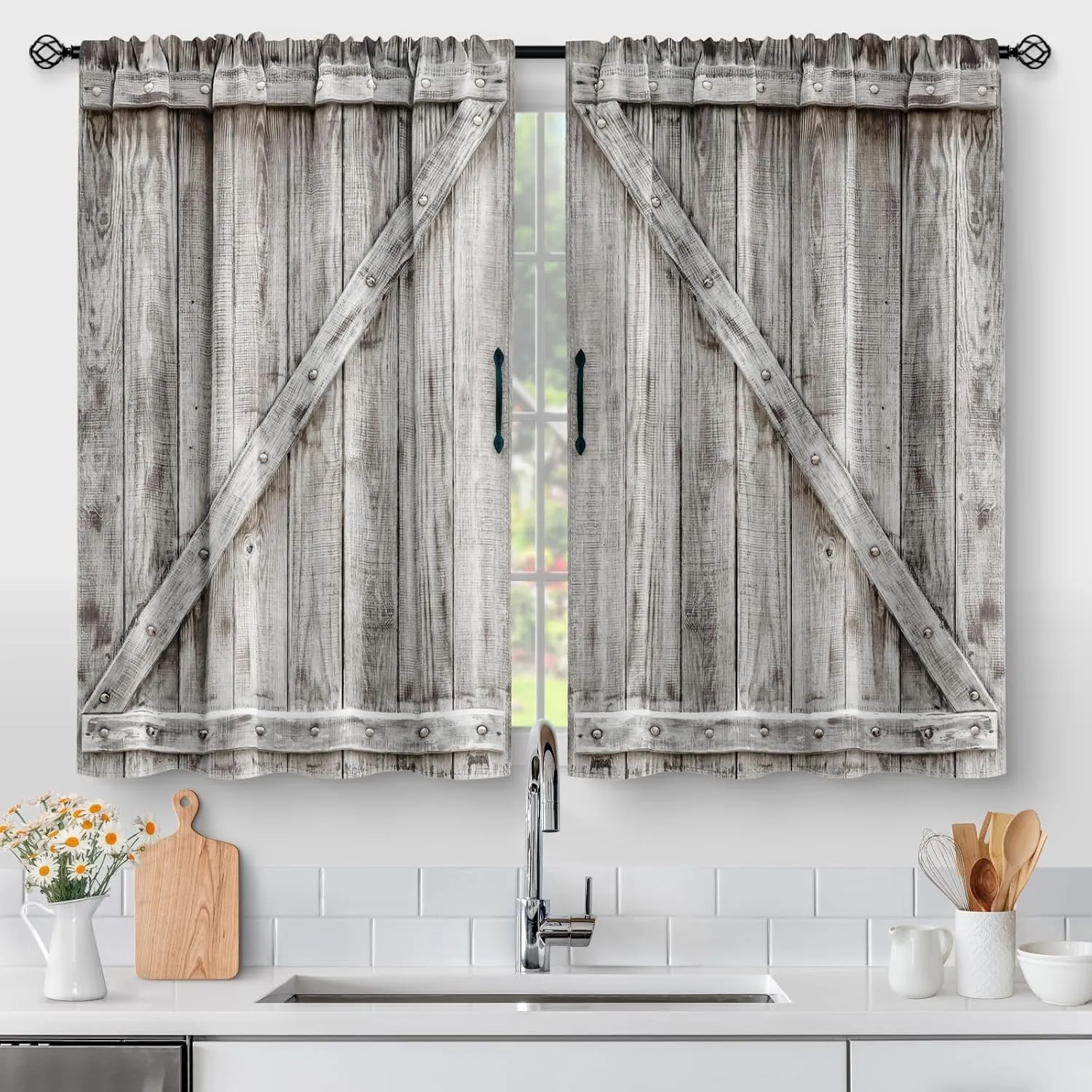 Aimego Wooden Barn Door Kitchen Curtains - Country Wood Farmhouse Rustic Farm Retro Western Cafe Short Tier Curtains Decor for Living Room Rod Pocket Window Drapes 36 Inch Length 2 Panels 28"x36"