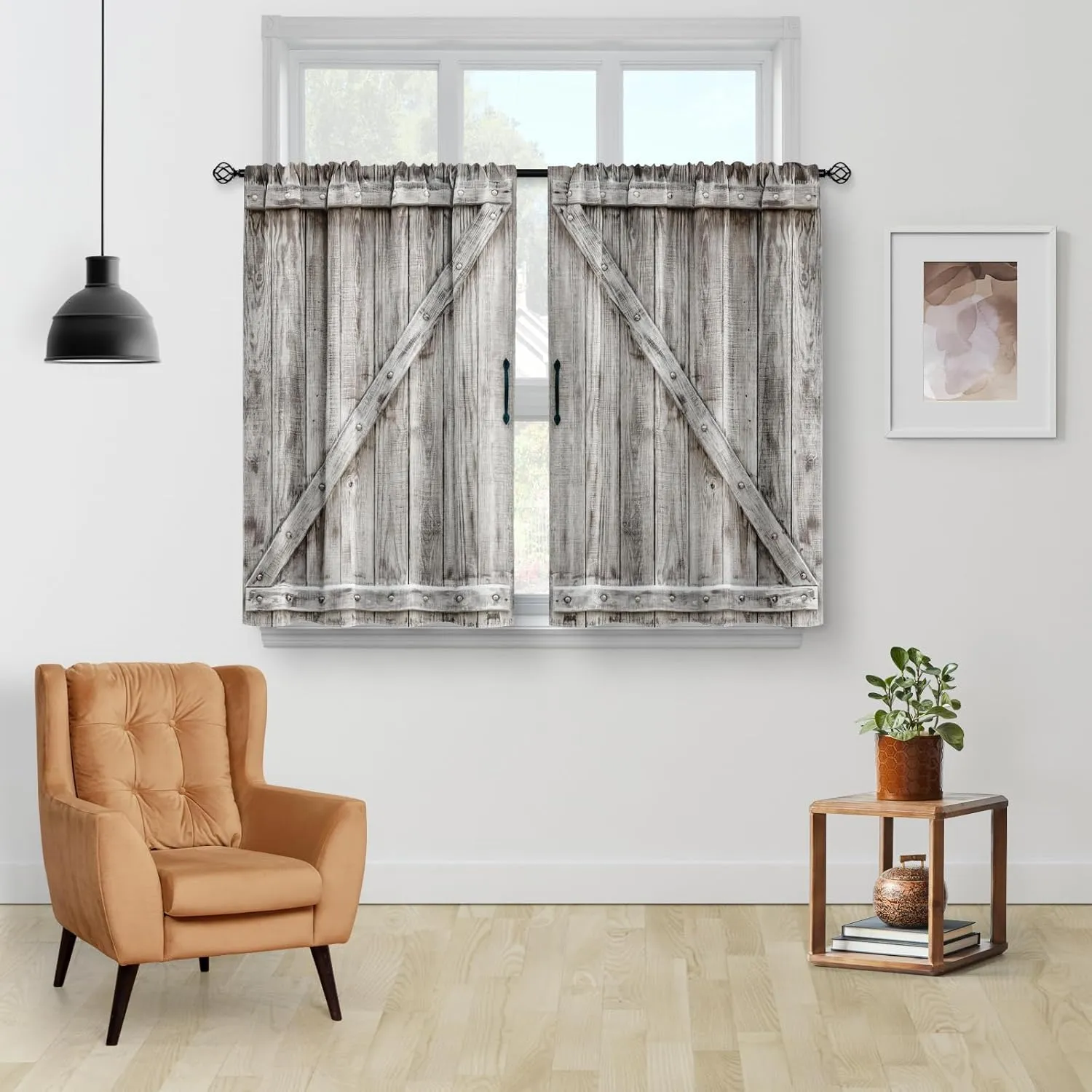 Aimego Wooden Barn Door Kitchen Curtains - Country Wood Farmhouse Rustic Farm Retro Western Cafe Short Tier Curtains Decor for Living Room Rod Pocket Window Drapes 36 Inch Length 2 Panels 28"x36"