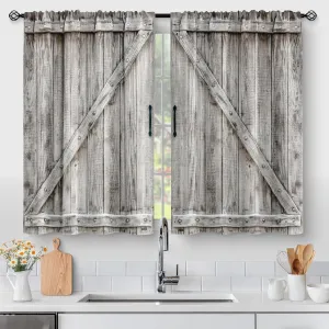 Aimego Wooden Barn Door Kitchen Curtains - Country Wood Farmhouse Rustic Farm Retro Western Cafe Short Tier Curtains Decor for Living Room Rod Pocket Window Drapes 36 Inch Length 2 Panels 28"x36"