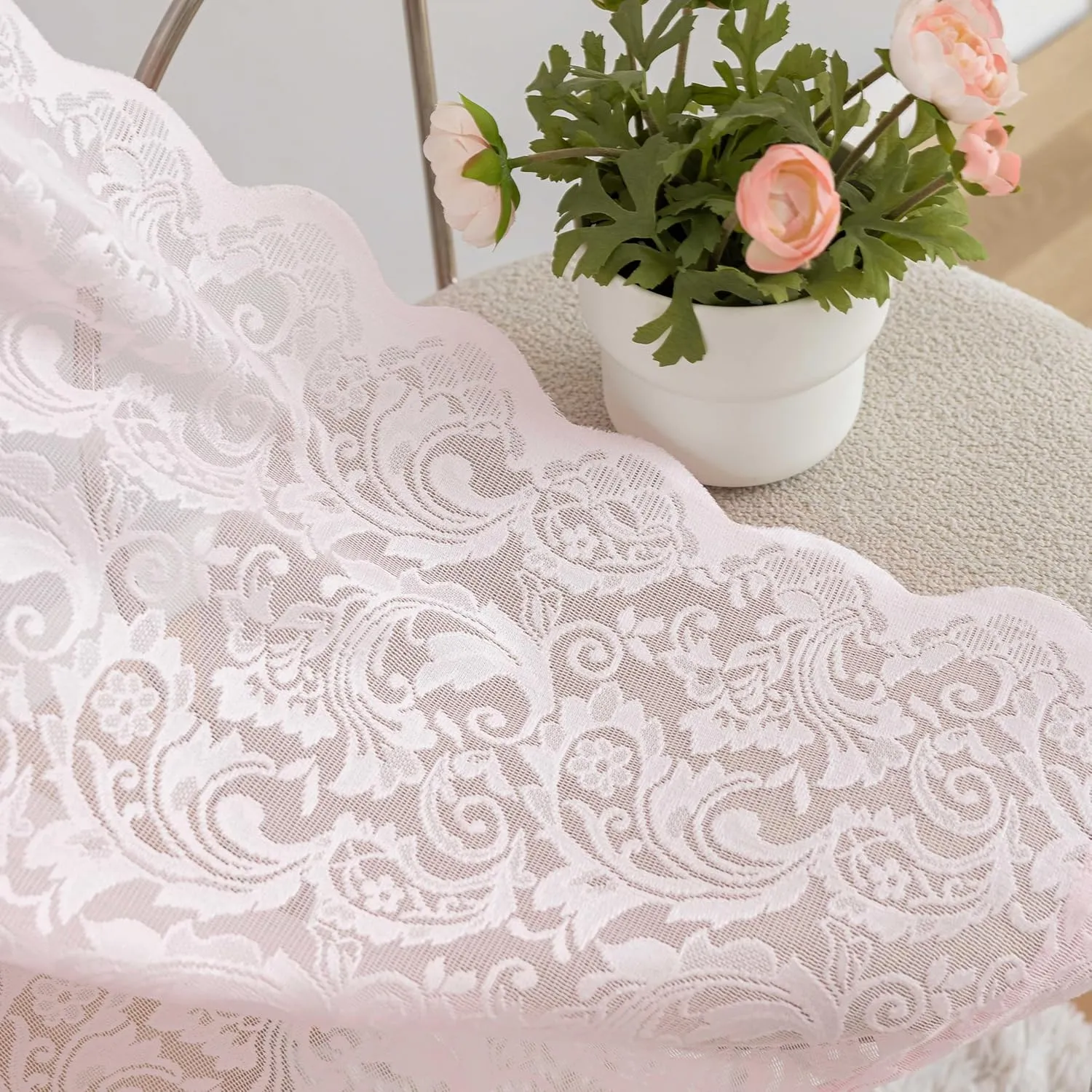 ALIGOGO Pink Cafe Curtains 45 Inch Length for Kitchen Bathroom Small Window Boho Floral Lace Short Sheer Curtains for Girls Bedroom Kids Room Closet Bunk Bed Dorm Set of 2 Panels Pink