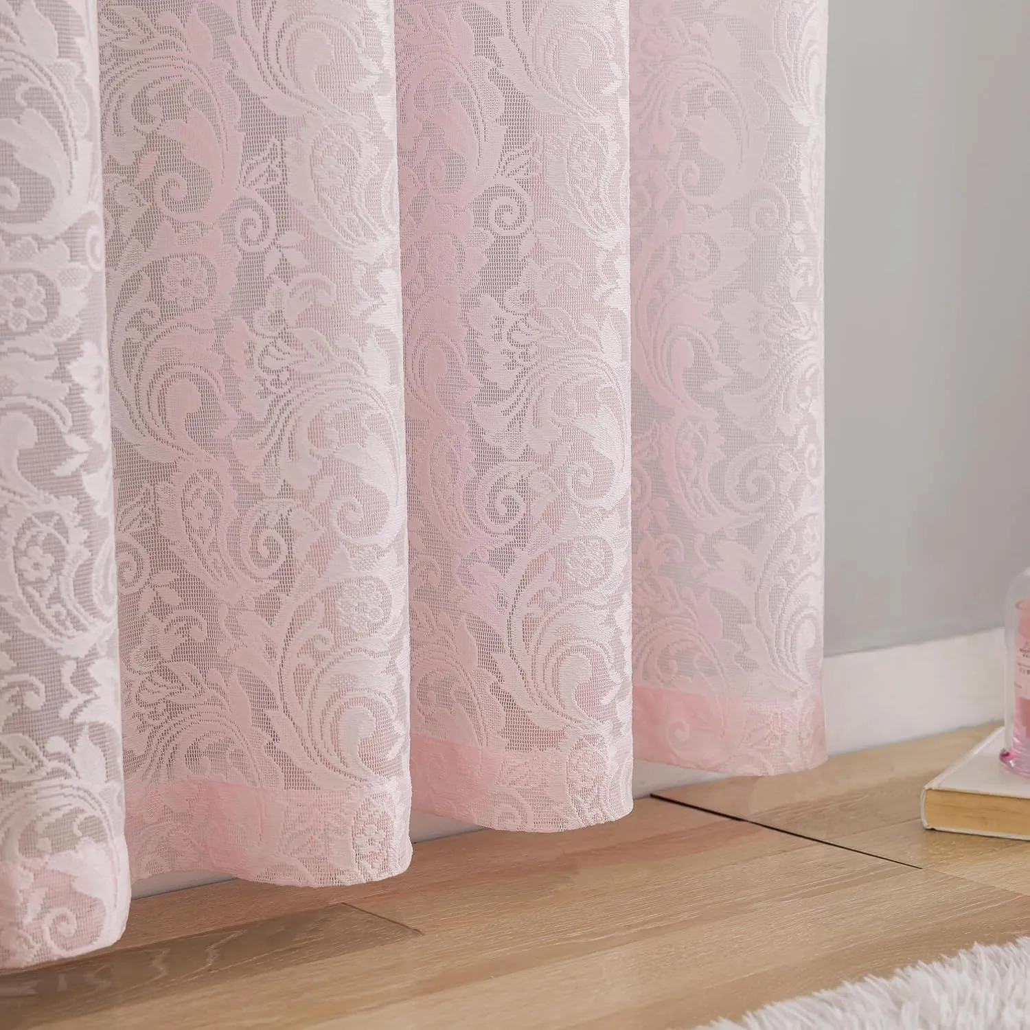 ALIGOGO Pink Cafe Curtains 45 Inch Length for Kitchen Bathroom Small Window Boho Floral Lace Short Sheer Curtains for Girls Bedroom Kids Room Closet Bunk Bed Dorm Set of 2 Panels Pink