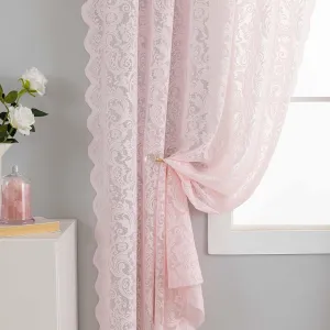 ALIGOGO Pink Cafe Curtains 45 Inch Length for Kitchen Bathroom Small Window Boho Floral Lace Short Sheer Curtains for Girls Bedroom Kids Room Closet Bunk Bed Dorm Set of 2 Panels Pink