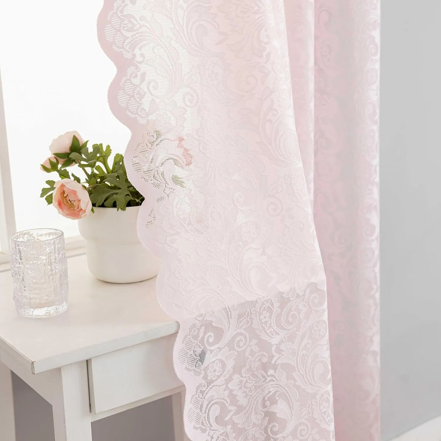 ALIGOGO Pink Cafe Curtains 45 Inch Length for Kitchen Bathroom Small Window Boho Floral Lace Short Sheer Curtains for Girls Bedroom Kids Room Closet Bunk Bed Dorm Set of 2 Panels Pink