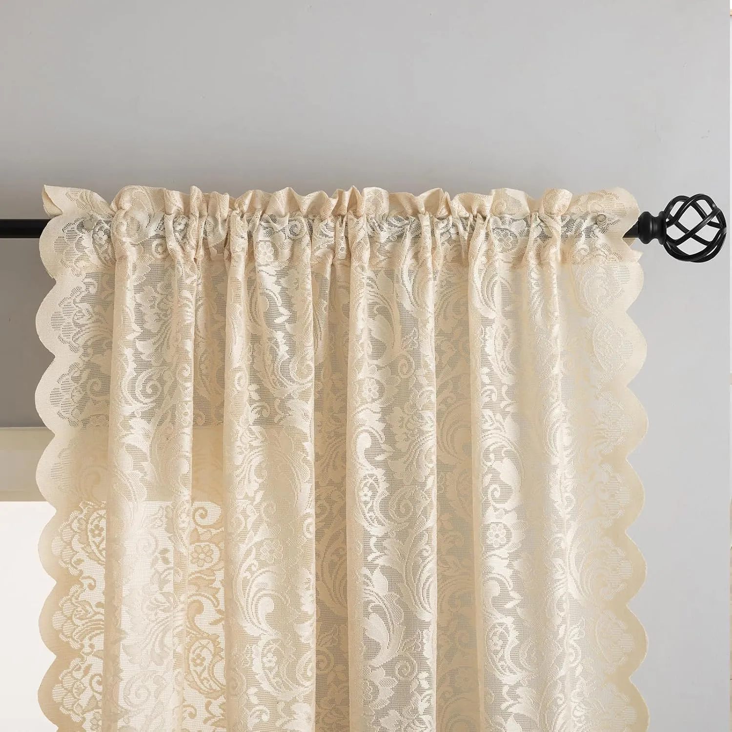 ALIGOGO Sheer Beige Curtains 72 Inch Length - Antique Embeoidered Lace Floral Crochet Curtains 2 Panels, Rustic Old House Privacy 70s Retro Cloest Bedroom Window Treatment 52 x 72 Inch, Light Beige