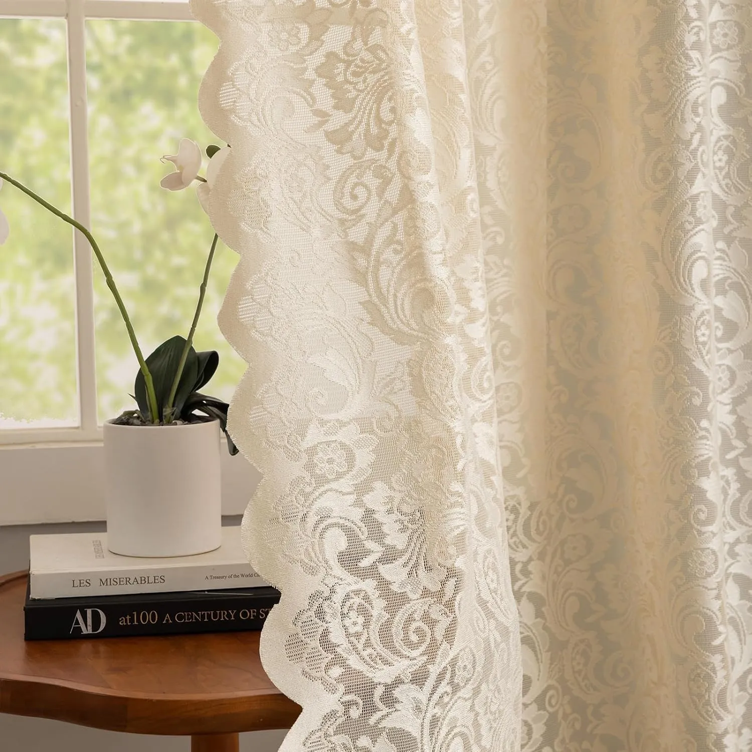 ALIGOGO Sheer Beige Curtains 72 Inch Length - Antique Embeoidered Lace Floral Crochet Curtains 2 Panels, Rustic Old House Privacy 70s Retro Cloest Bedroom Window Treatment 52 x 72 Inch, Light Beige