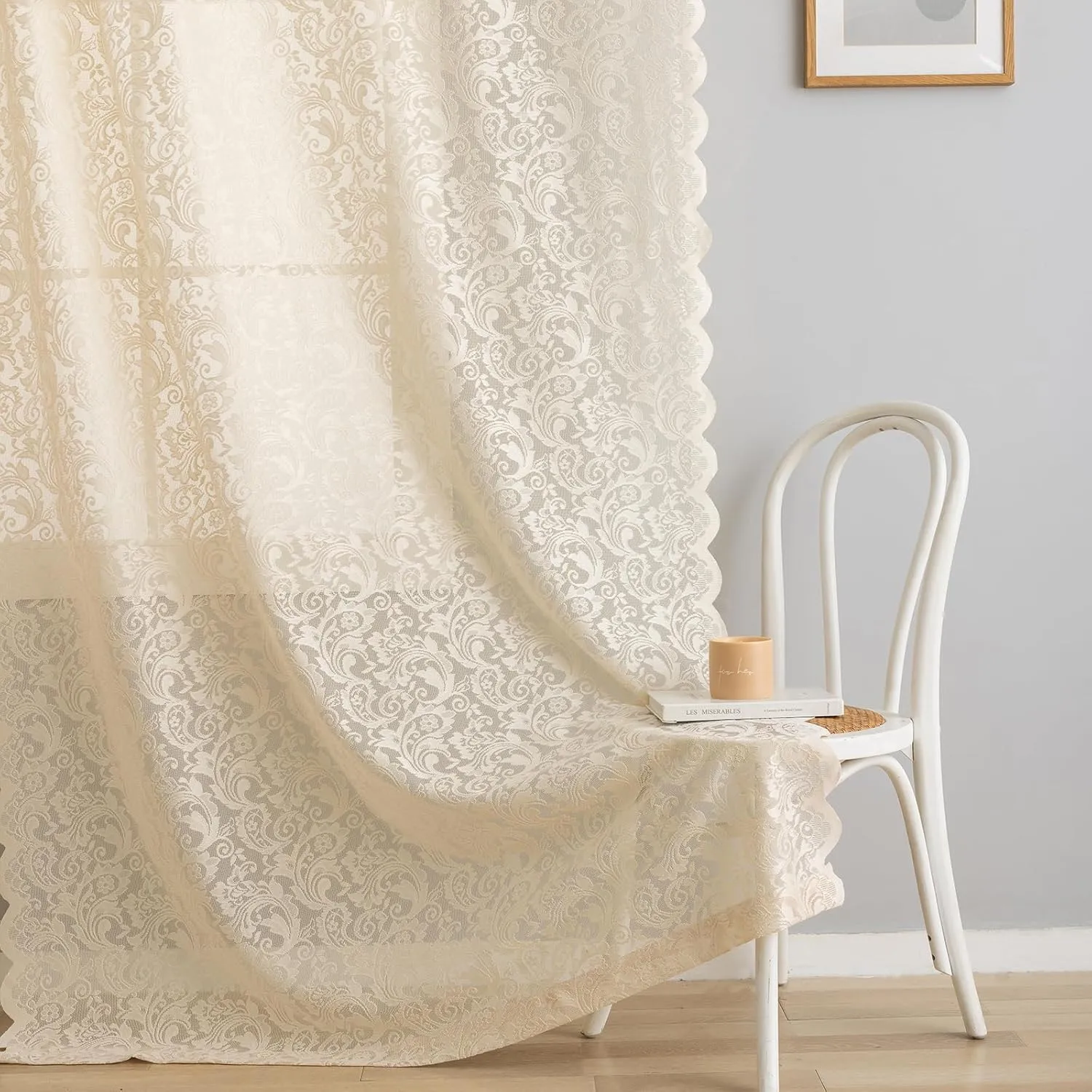 ALIGOGO Sheer Beige Curtains 72 Inch Length - Antique Embeoidered Lace Floral Crochet Curtains 2 Panels, Rustic Old House Privacy 70s Retro Cloest Bedroom Window Treatment 52 x 72 Inch, Light Beige