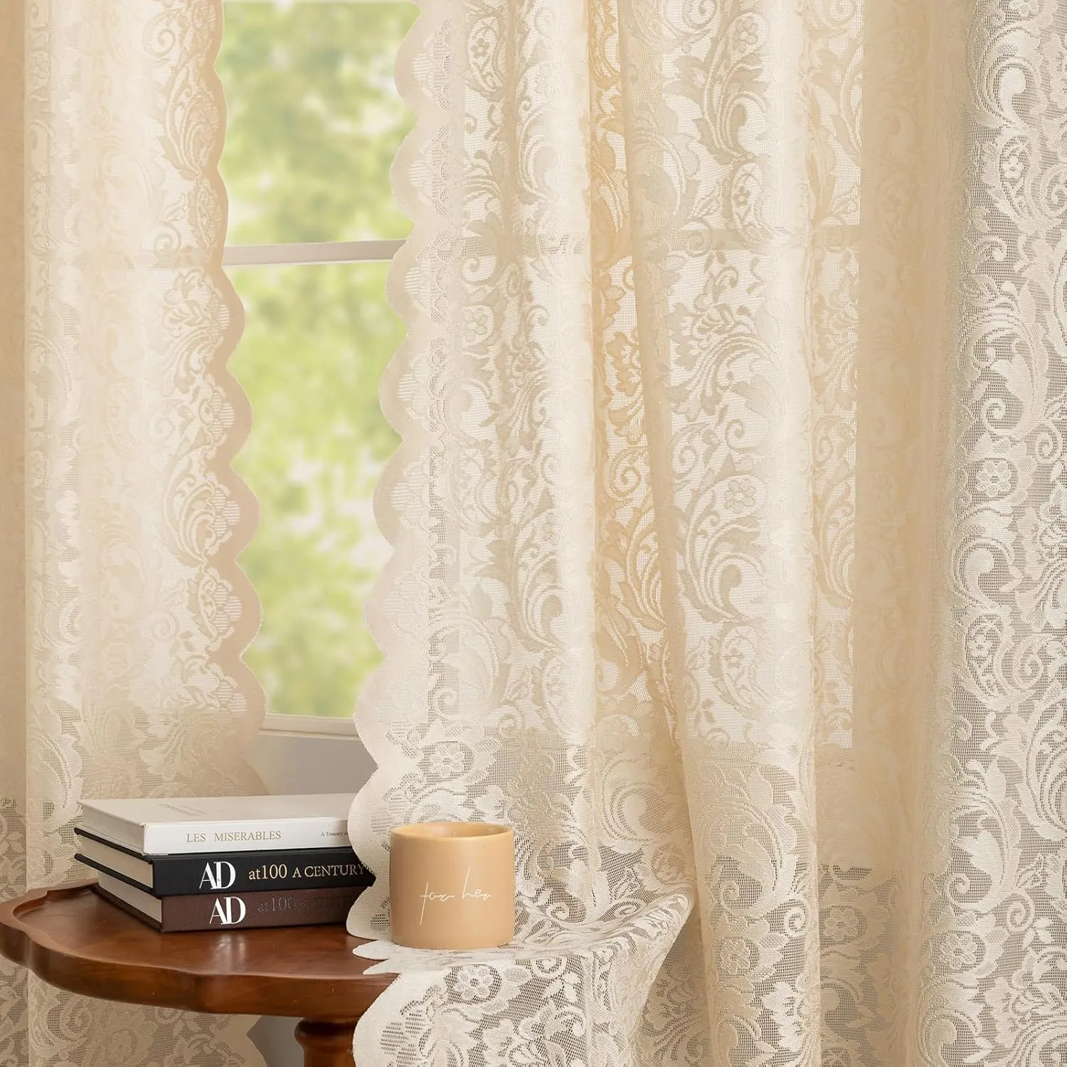 ALIGOGO Sheer Beige Curtains 72 Inch Length - Antique Embeoidered Lace Floral Crochet Curtains 2 Panels, Rustic Old House Privacy 70s Retro Cloest Bedroom Window Treatment 52 x 72 Inch, Light Beige