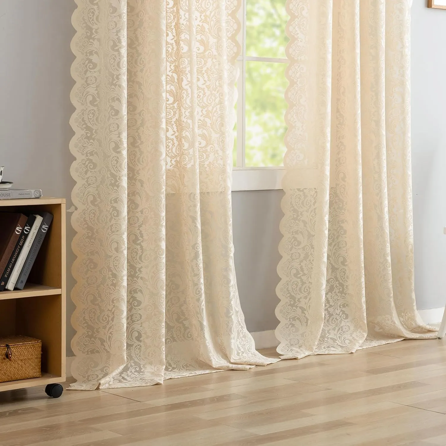 ALIGOGO Sheer Beige Curtains 72 Inch Length - Antique Embeoidered Lace Floral Crochet Curtains 2 Panels, Rustic Old House Privacy 70s Retro Cloest Bedroom Window Treatment 52 x 72 Inch, Light Beige